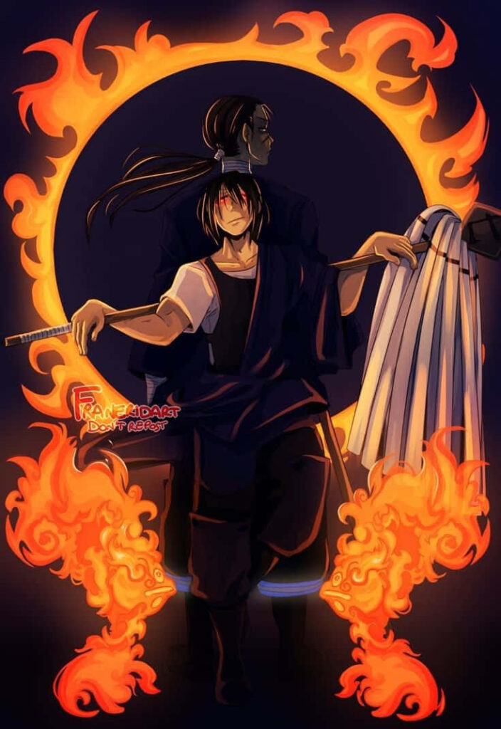Benimaru Shinmon from Fire Force standing with weapon surrounded by swirling flames wallpaper