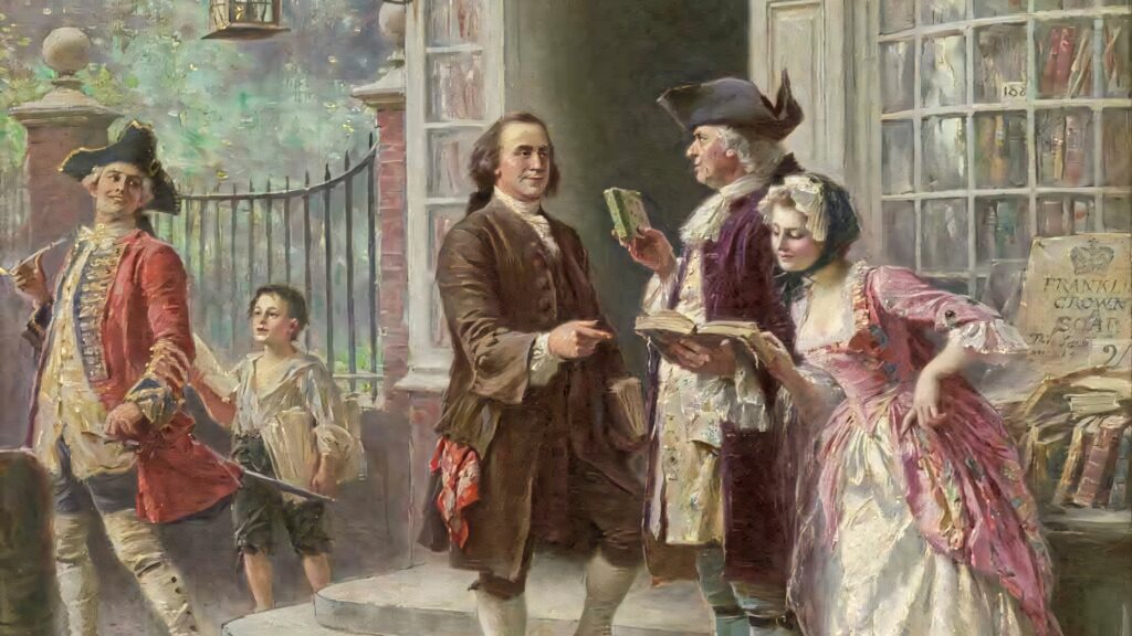 Benjamin Franklin talking with two elegant figures outside bookshop 18th century scene wallpaper