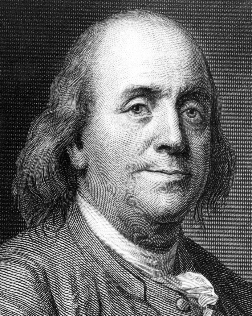 Detailed crosshatch portrait of Benjamin Franklin in classic historical style wallpaper background
