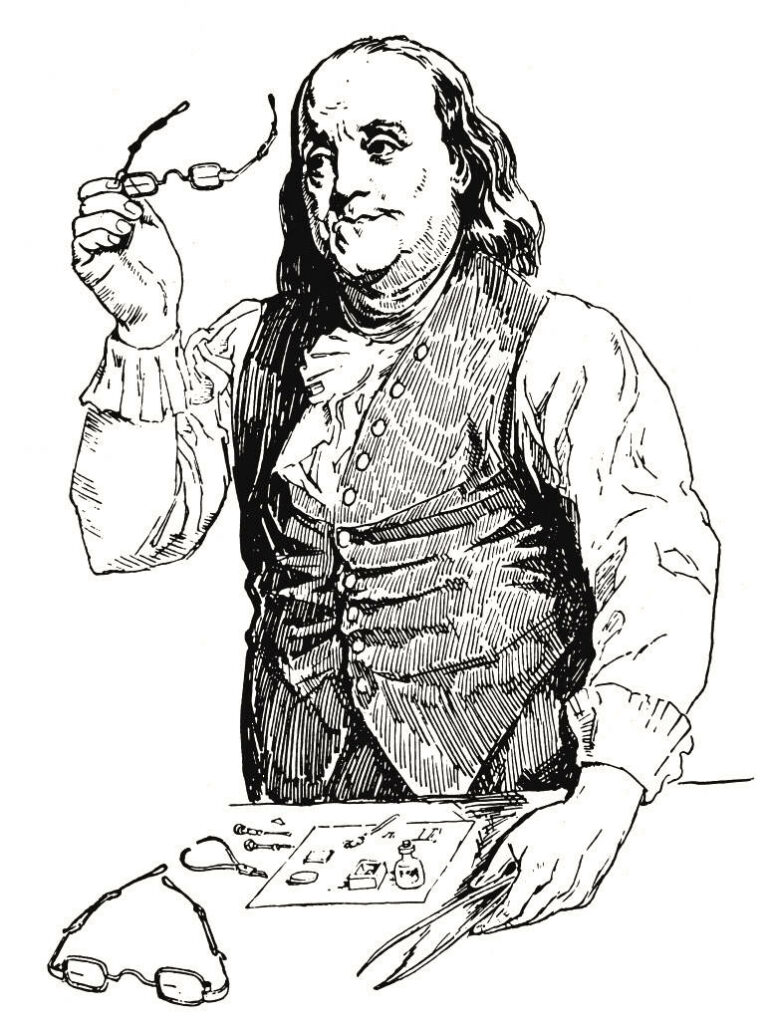 Benjamin Franklin pencil ink drawing holding glasses at desk with papers historical wallpaper background