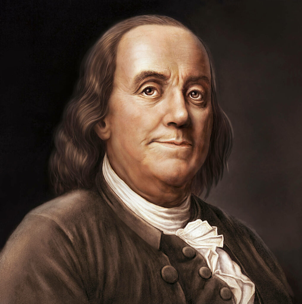 Realistic Benjamin Franklin portrait wallpaper with colonial attire on dark elegant background