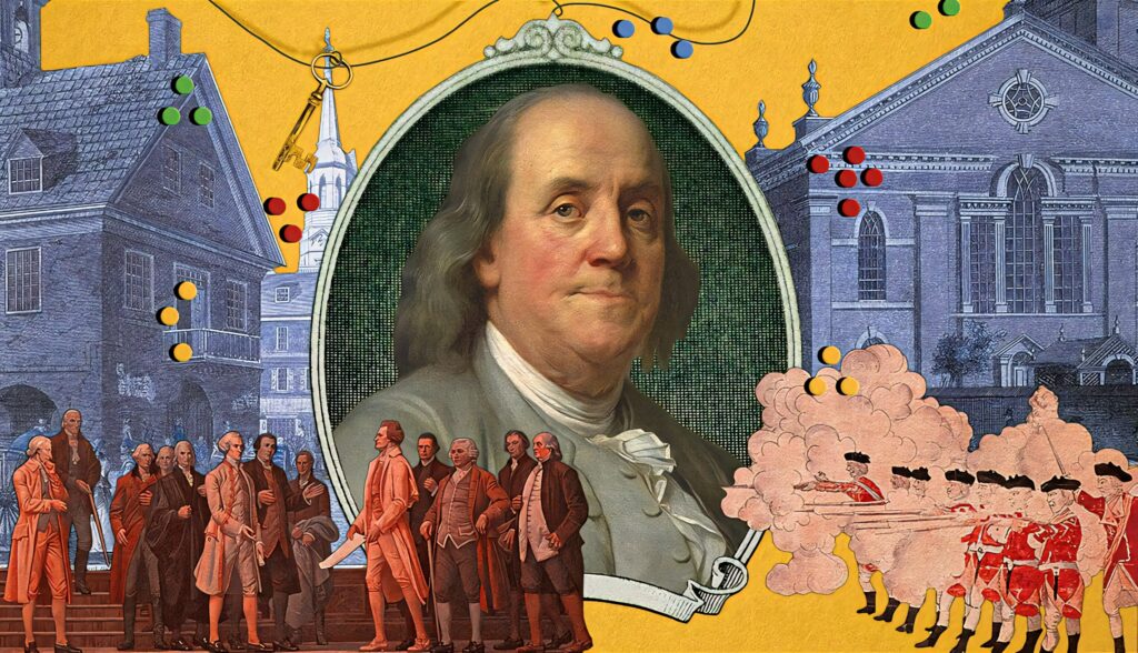 Benjamin Franklin portrait wallpaper with ornate white frame and colonial American motifs background