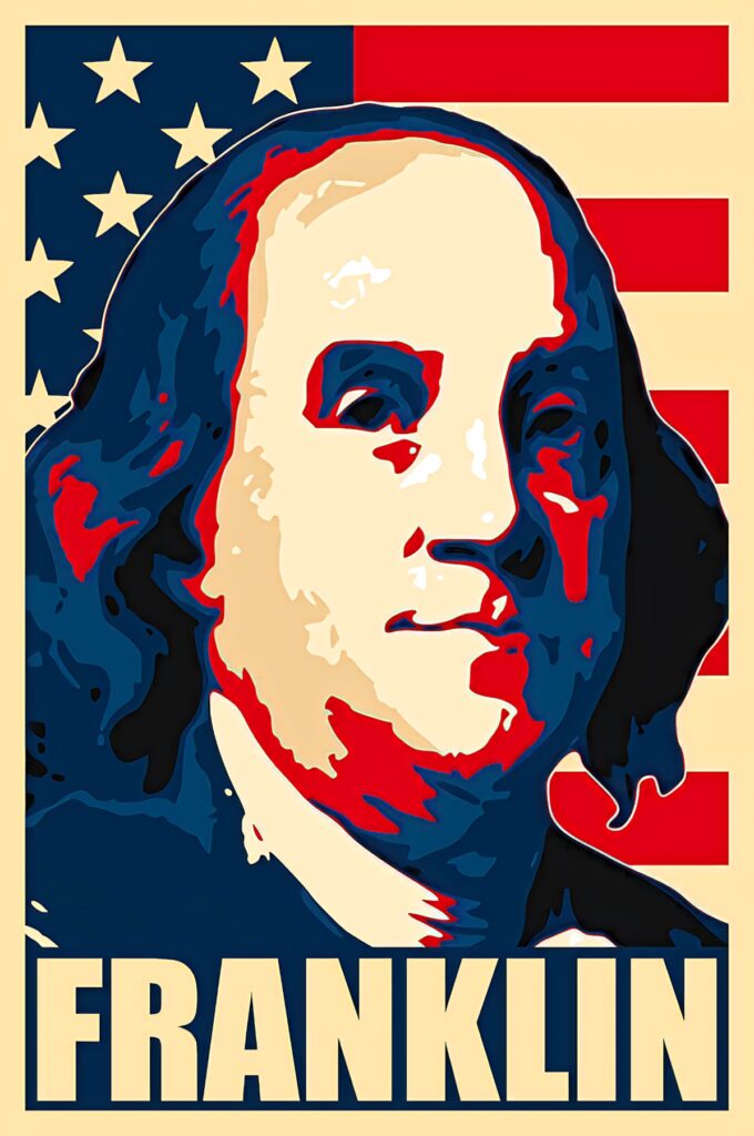 Benjamin Franklin vector art wallpaper with stylized portrait and American flag background design