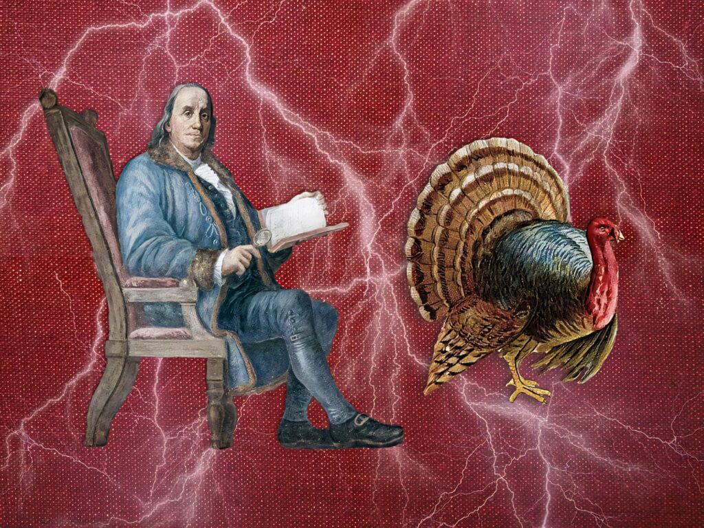 Benjamin Franklin sitting with document beside vibrant turkey on lightning streaked red background wallpaper