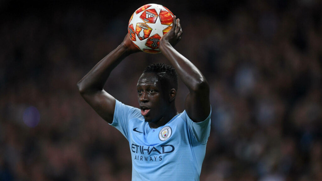 Benjamin Mendy in Manchester City kit ready to take a throw-in during a football match wallpaper