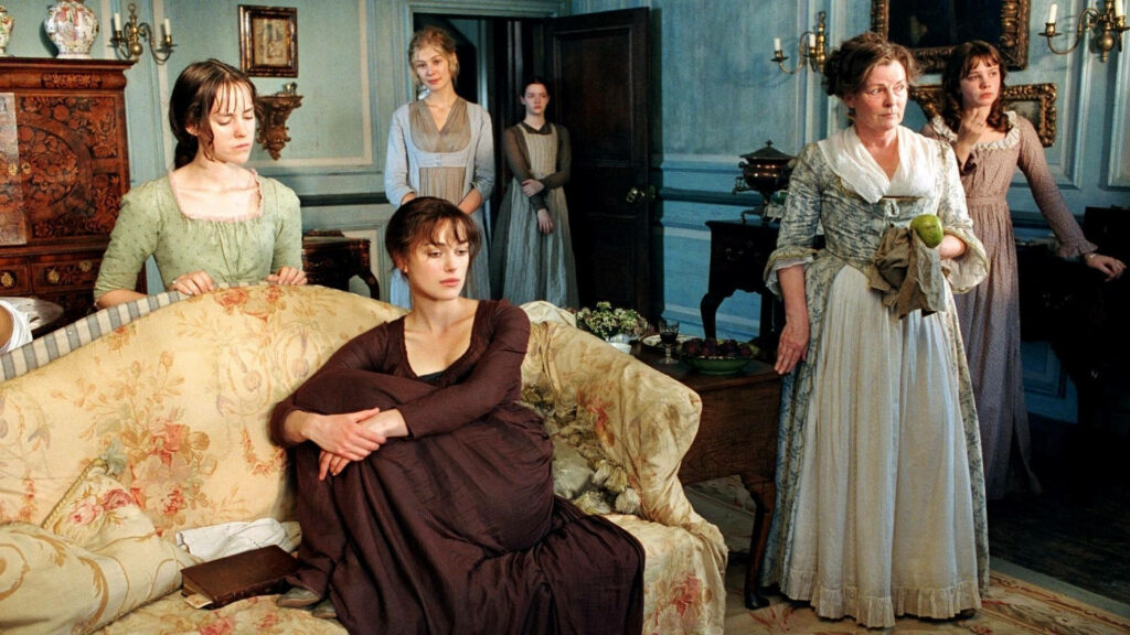 Bennet sisters in Regency dresses in elegant period room Pride and Prejudice wallpaper background