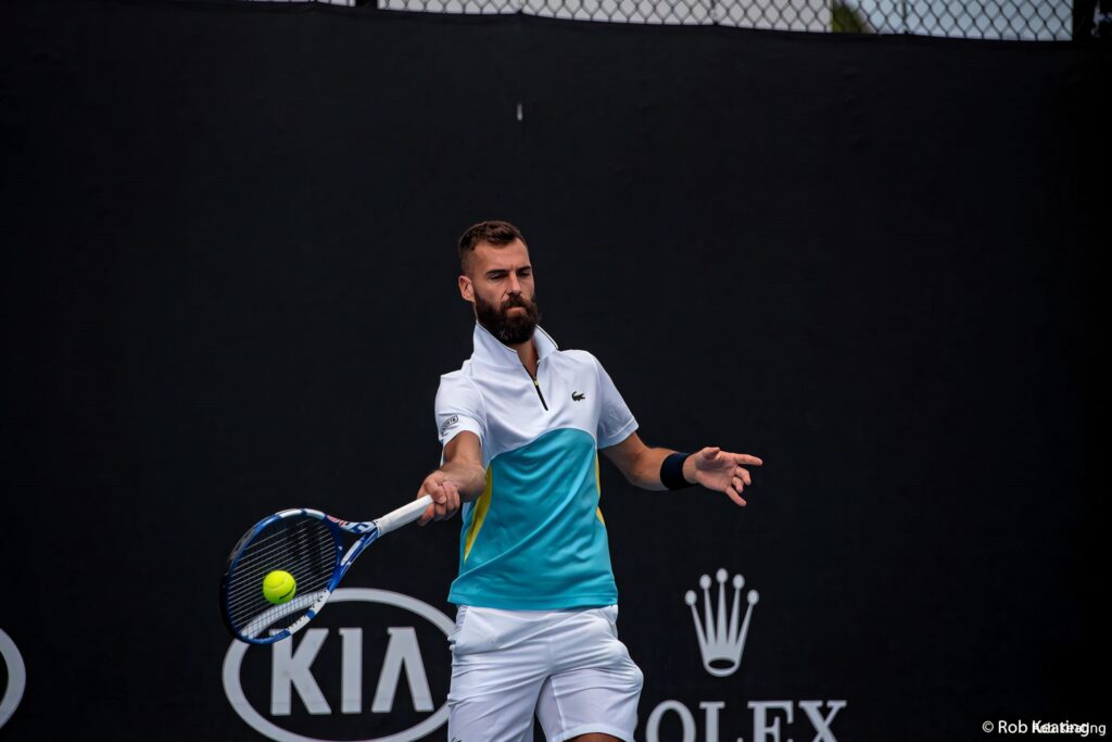 Benoît Paire intense tennis shot return action on court dynamic sports wallpaper background