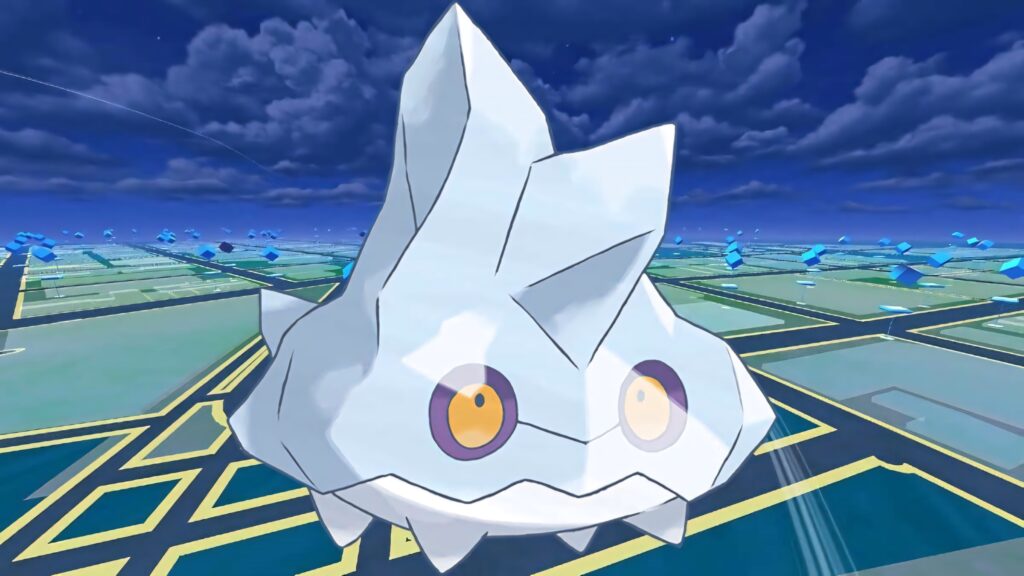 Bergmite in foreground with digital map background blending Pokemon world and virtual landscape Wallpaper