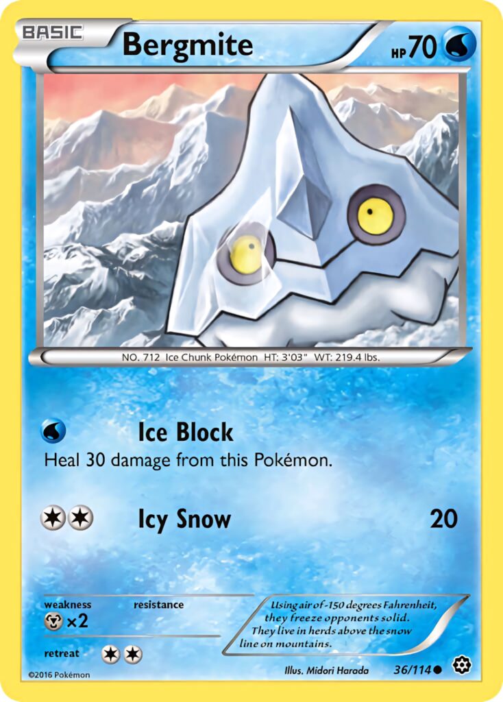 Bergmite Pokémon card wallpaper with Ice Block ability and snowy mountain winter background