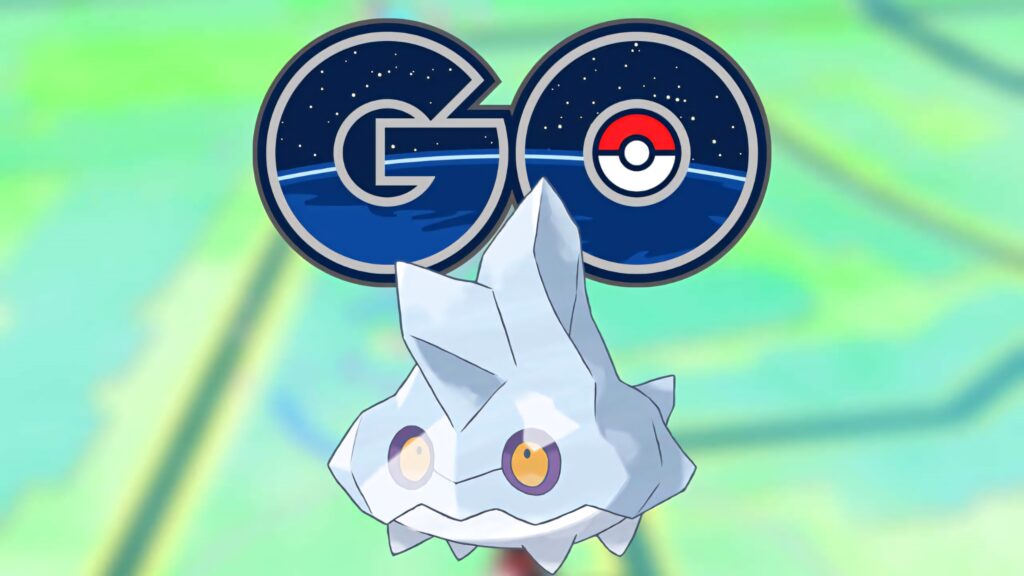 Bergmite Pokémon in foreground with Pokémon Go logo and blurred in-game map background wallpaper