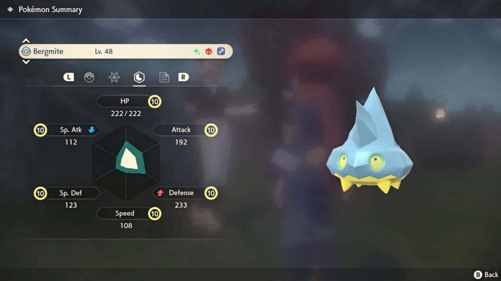 Bergmite Pokémon desktop wallpaper showing ice type stats HP Attack Defense and attributes
