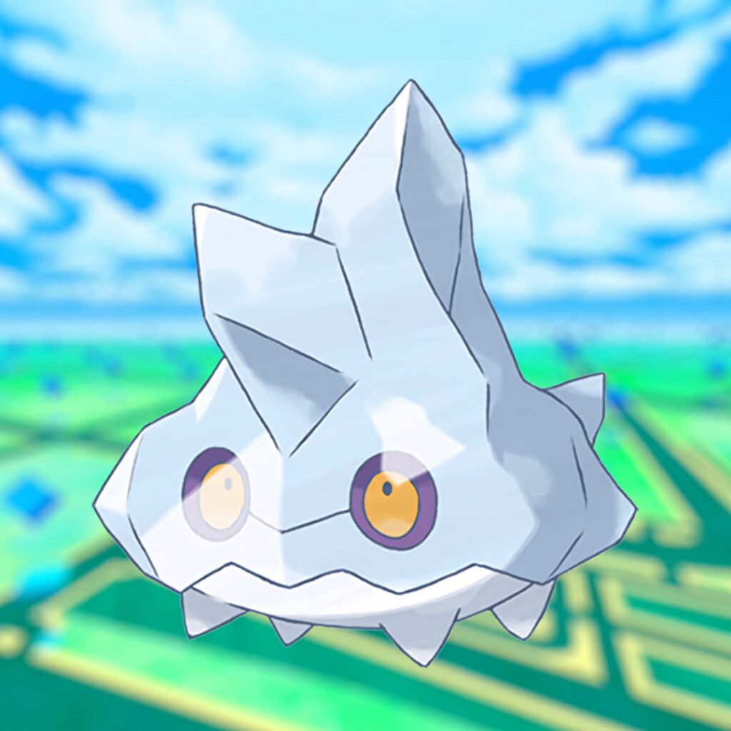 Bergmite Pokémon floating against vibrant digital map background adventurous wallpaper