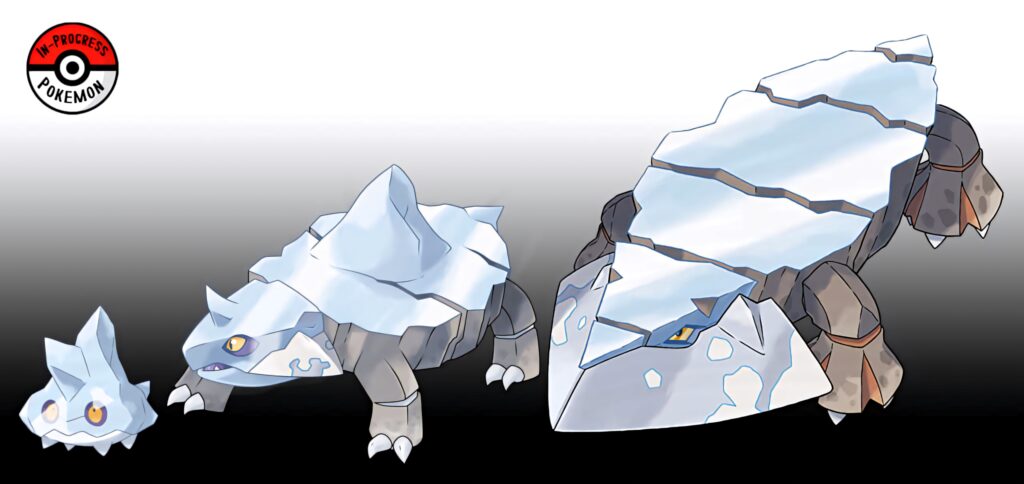 Bergmite evolving into Hisuian Avalugg showing icy and rock-like features on clean background Wallpaper