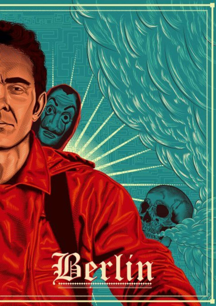 Berlin's Bold Heist: The Enigmatic Figure Embracing Rebellion and Shadows in a Vibrant Turquoise Poster Wallpaper