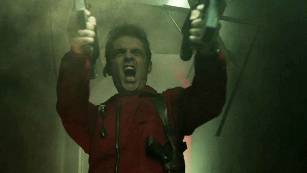 Explosive Berlin Money Heist: Unleashing Chaos and Gunfire in the Corridor Wallpaper