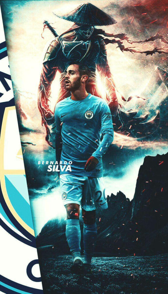 Bernardo Silva in Manchester City kit with fierce samurai warrior wallpaper background power boost