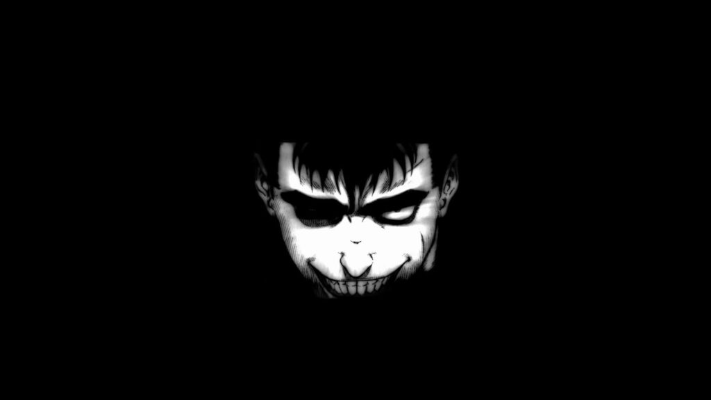 Berserk Character Guts Black and White Wallpaper with Intense Smile on Stark Background
