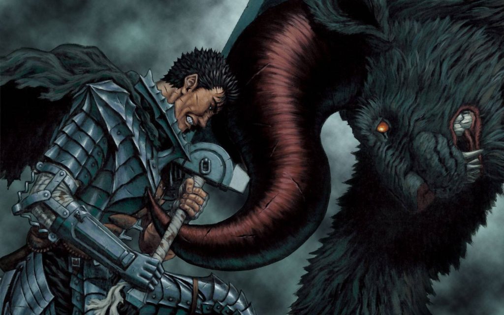 Berserk wallpaper of Guts fighting Nosferatu Zodd in intense fierce battle digital art