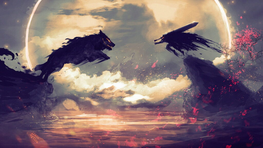 Berserk Warrior Vs. Dark Demon Wolf: Intense HD Wallpaper Illustration with Stunning Backgrounds!