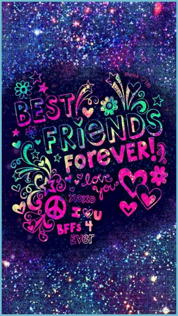 Vibrant neon Best Friends Forever wallpaper with colorful hearts stars flowers on galaxy background