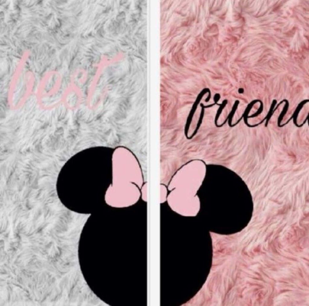 Split-screen Minnie Mouse best friends wallpaper with grey and pink faux fur texture background