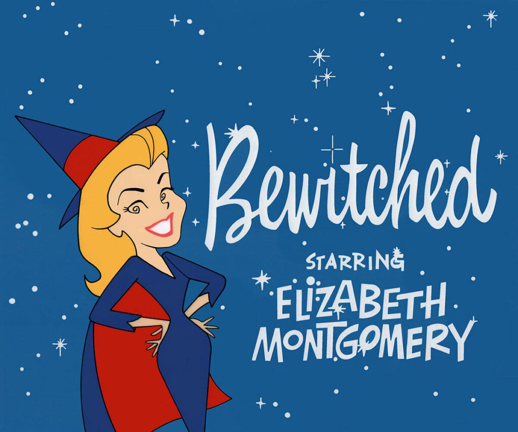 Bewitched cartoon poster wallpaper with Elizabeth Montgomery starry blue background whimsical design