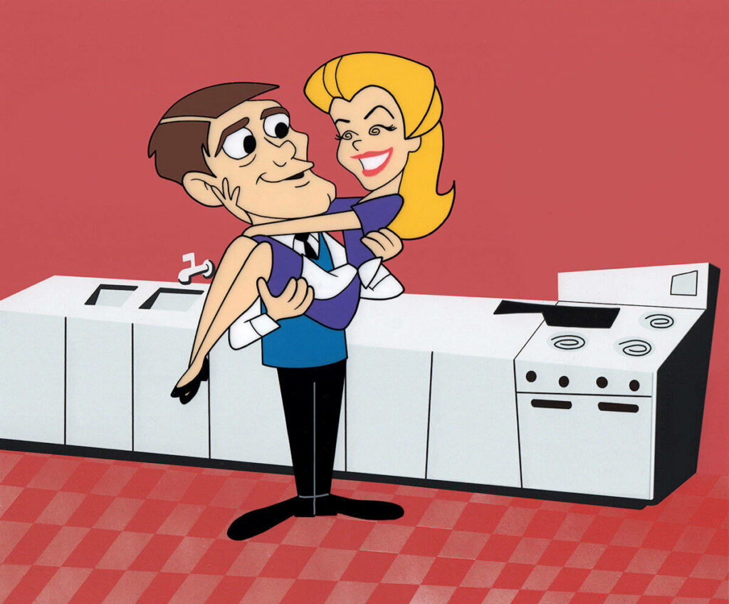 Mini animated Samantha and Darrin from Bewitched in retro kitchen with warm red background wallpaper