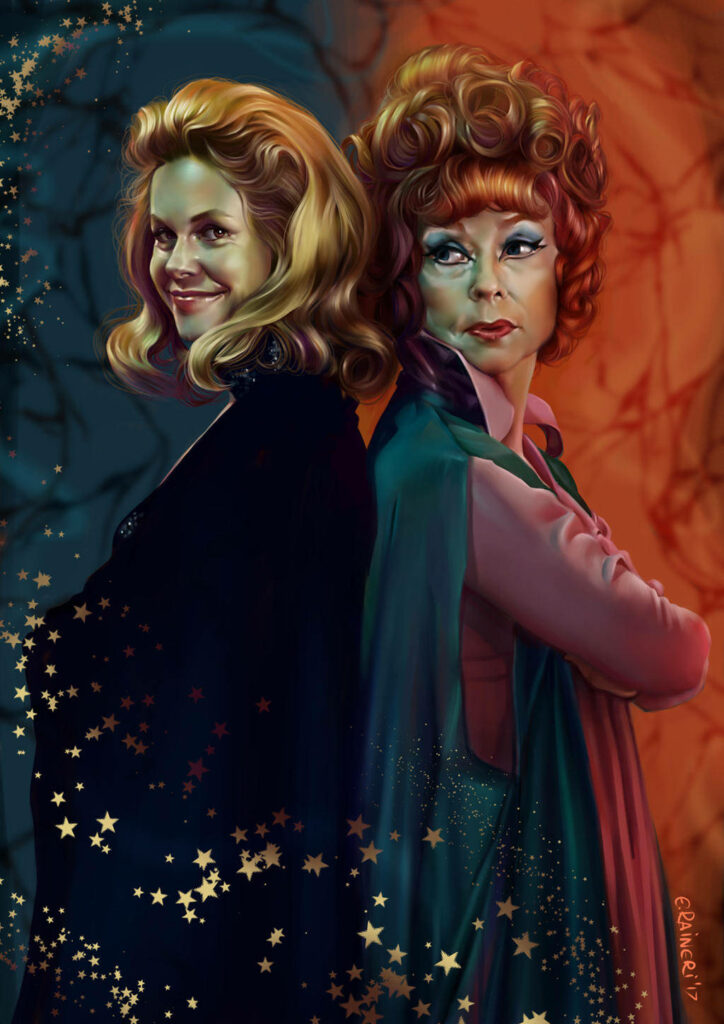 Samantha and Endora from Bewitched back to back with magical stars wallpaper background