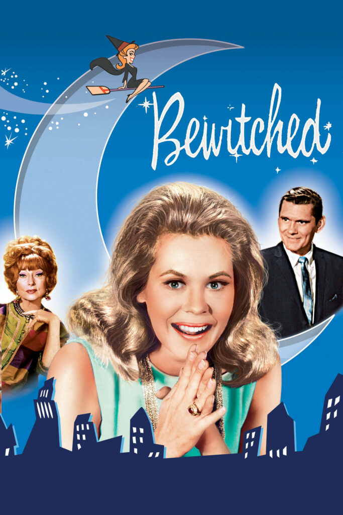 Bewitched sitcom poster wallpaper with colorful characters and witch flying over moon skyline
