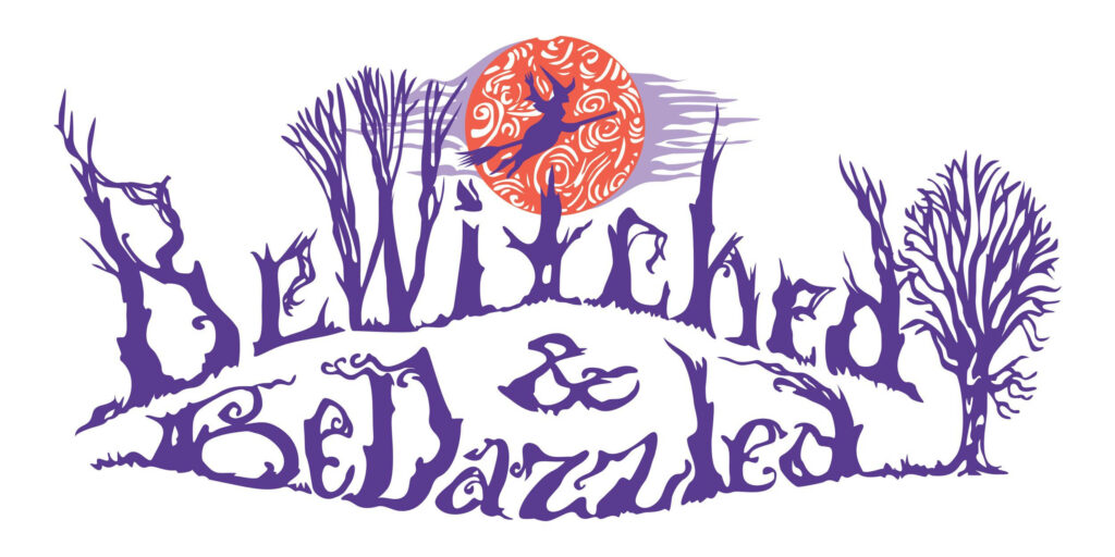 Bewitched and Bedazzled purple text with barren trees and vibrant orange moon wallpaper background