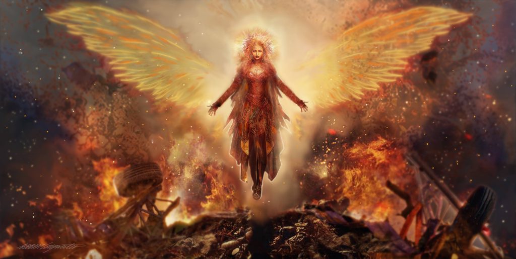 Powerful angel with radiant fire wings floats above burning debris in apocalyptic landscape wallpaper