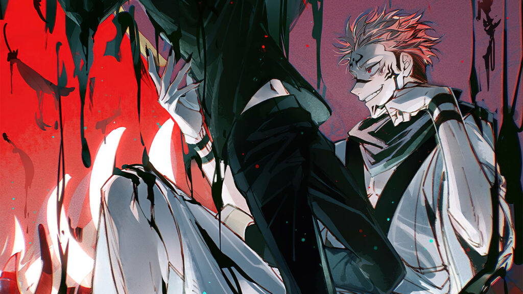 Descent of Sukuna: A Vivid 4k Digital Image Portraying the Domination of Yuji Itadori's Body by the Malevolent Spirit Wallpaper