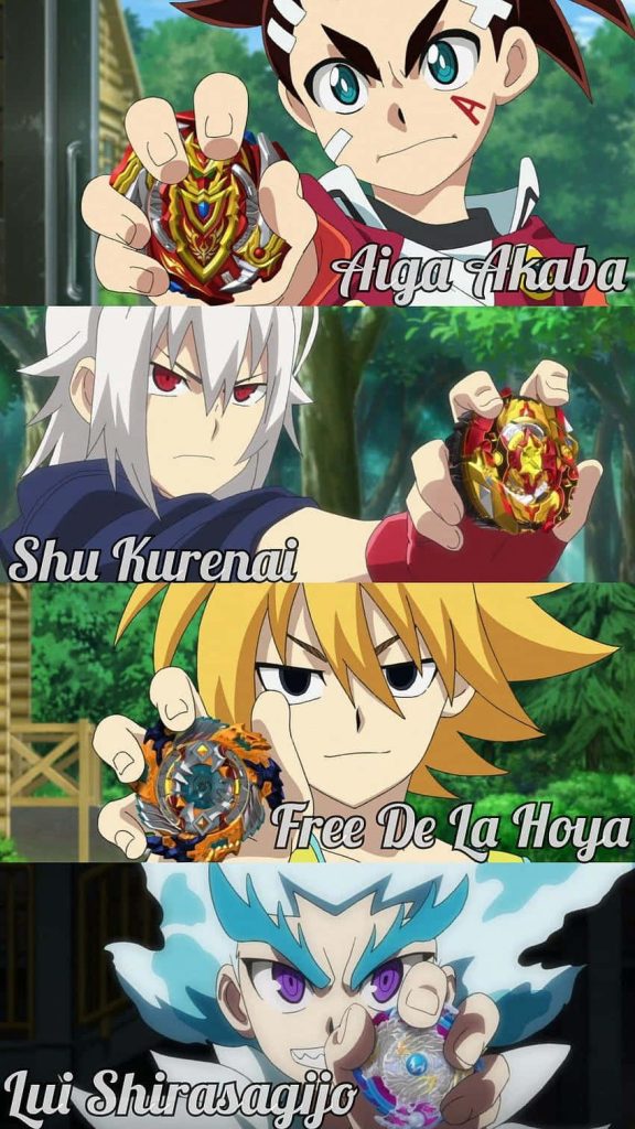 Beyblade Burst anime wallpaper featuring Aiga Akaba Shu Kurenai Free De La Hoya Lui Shirasagijo