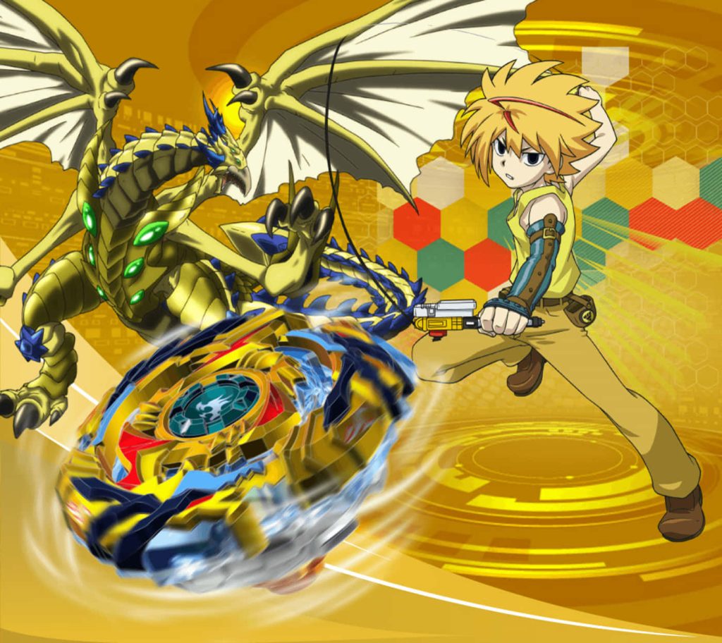 Beyblade Burst Evolution wallpaper featuring Free De La Hoya with Fafnir avatar and Drain Fafnir spinning