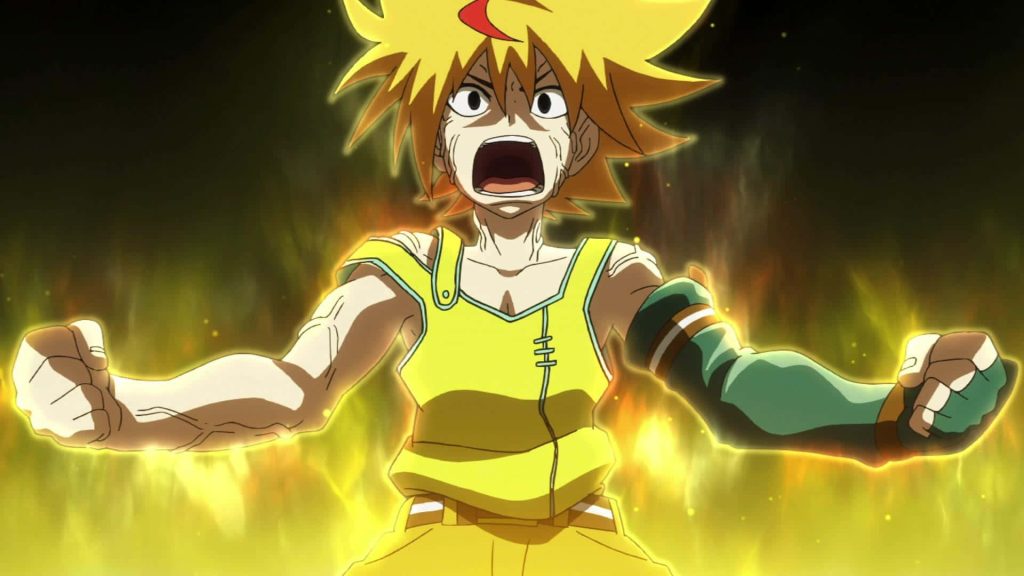 Free De La Hoya Beyblade Burst wallpaper with golden aura intense battle pose anime background