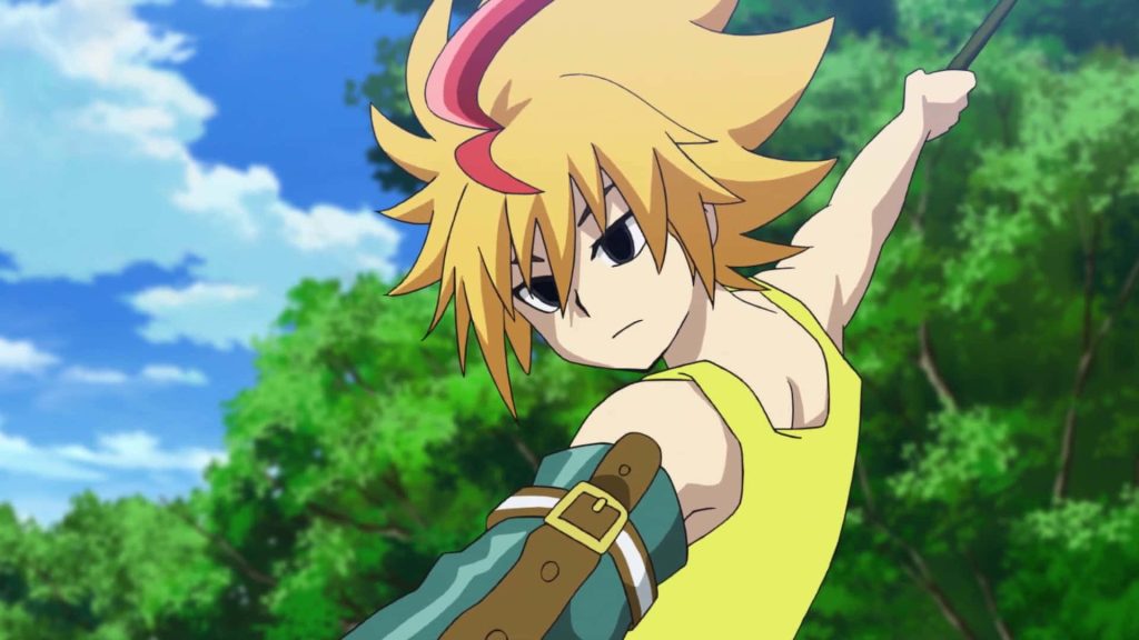 Free De La Hoya launching Beyblade in vibrant forest anime wallpaper background energy