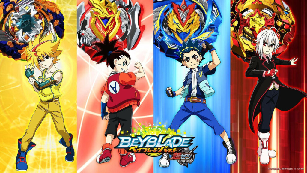 The Dynamic Quartet of Beyblade Burst: Free, Aiger, Valt, and Shu - Unleashing the Spirit of Beyblade! Wallpaper