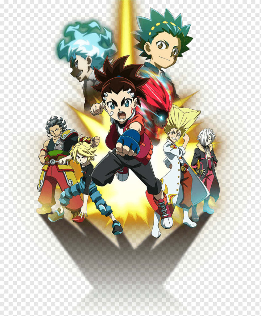 Beyblade Metal Fusion wallpaper with Valt Aoi Shu Kurenai and friends in dynamic action poses