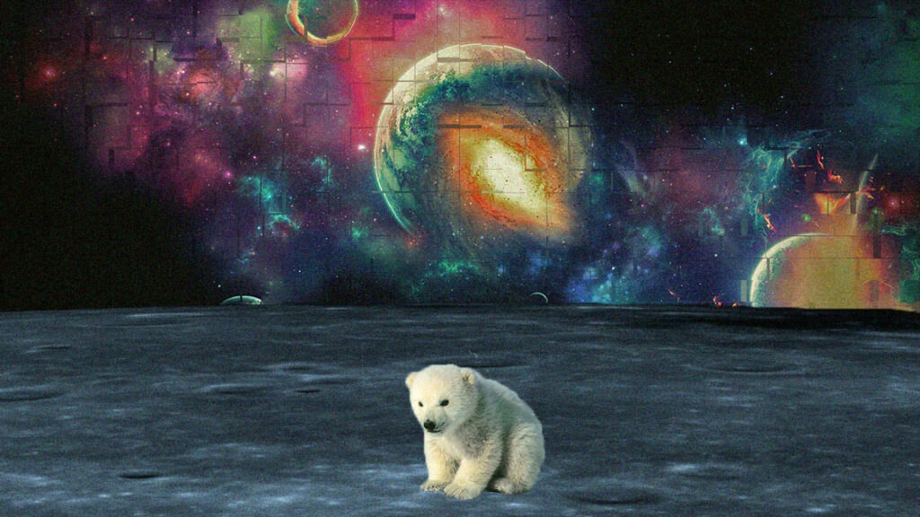 An Ethereal Encounter: Polar Bear Cub Transcends to the Trippy Galactic Realm Wallpaper