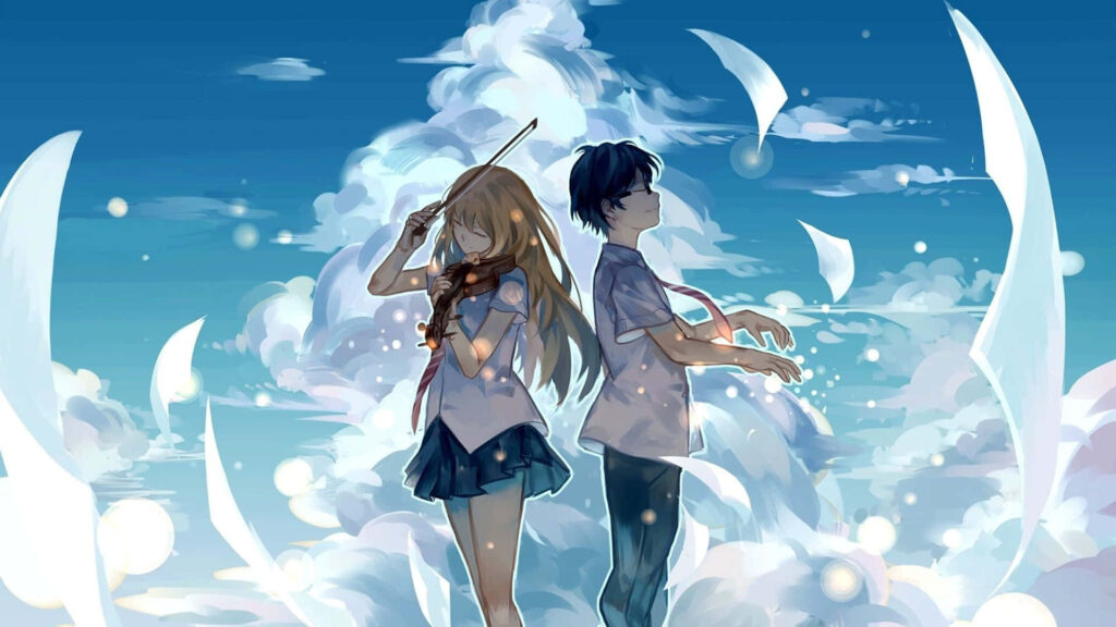 Sky High Love: Blue Anime Aesthetic Desktop Wallpaper featuring a Cute Couple