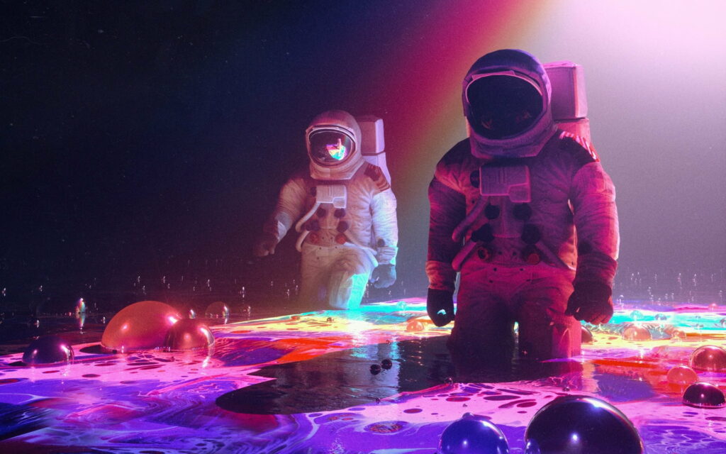 Synthpop Explorers: Astronauts Embrace a Luminous Fantasy Underwater World Wallpaper