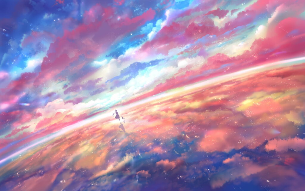 Beyond the Clouds: A Breathtaking Anime Sunset Scenery - HD Wallpaper Landscape with Reflective Beauty