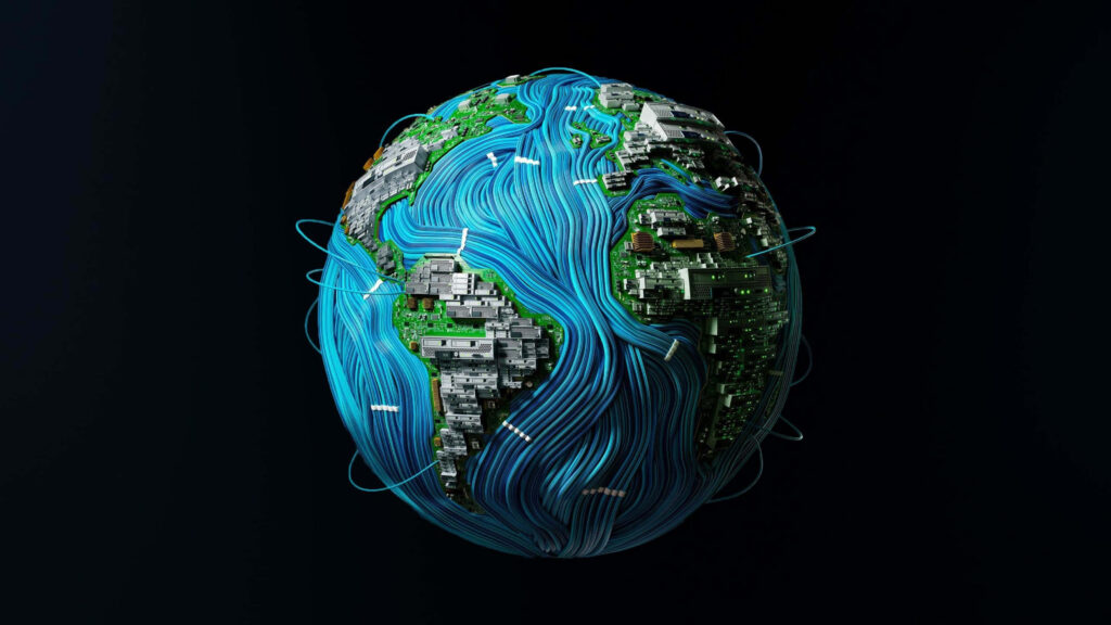 The Futuristic Globe in High-Resolution: An Imaginative 4K Tech Masterpiece on a Sleek Black Canvas Wallpaper