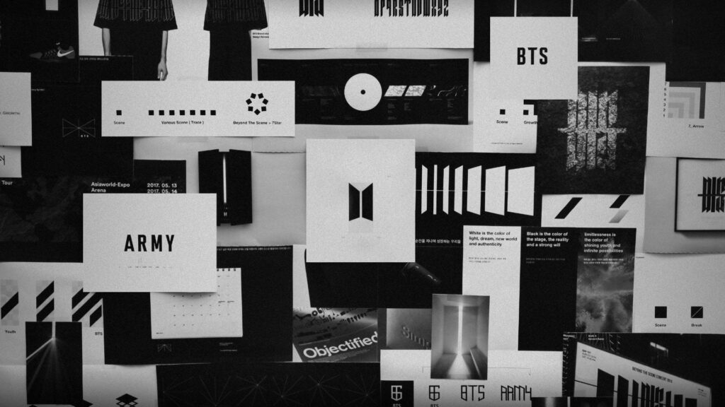 BTS: Harmonious Black Melodies - A Captivating Collage of Logo Variations, Army Pride, and Resonant Lyrics Wallpaper