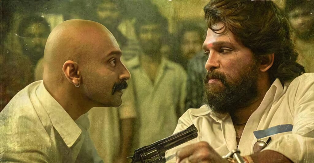 Bhanwar Singh confronts Pushpa with gun while Allu Arjun stands calm intense movie showdown wallpaper
