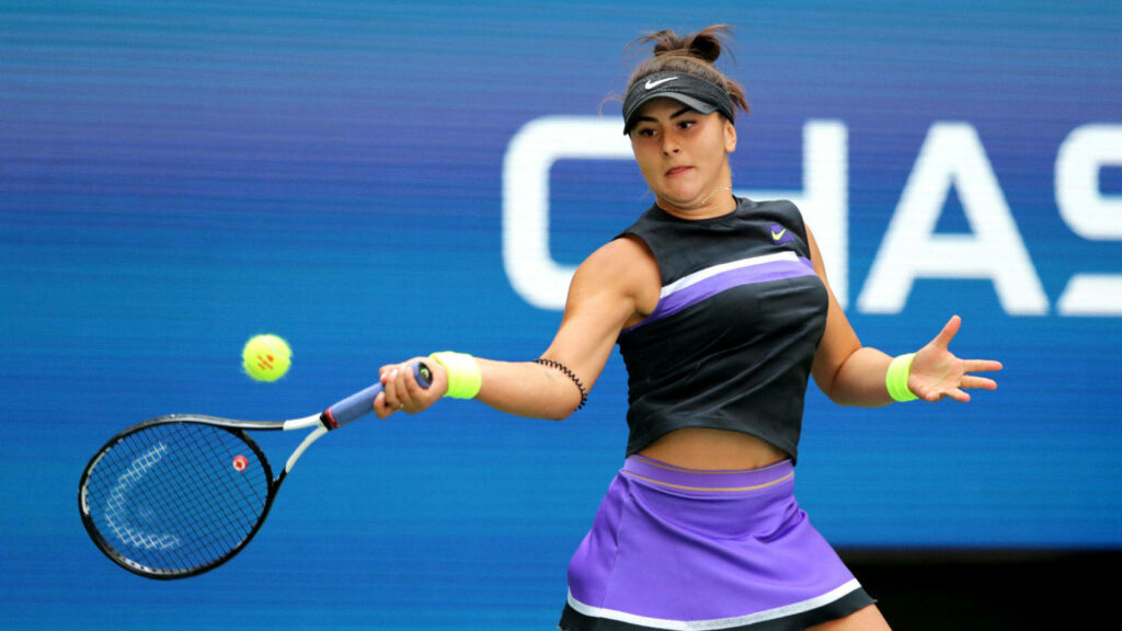 Bianca Andreescu powerful forehand shot tennis match athletic focus wallpaper background