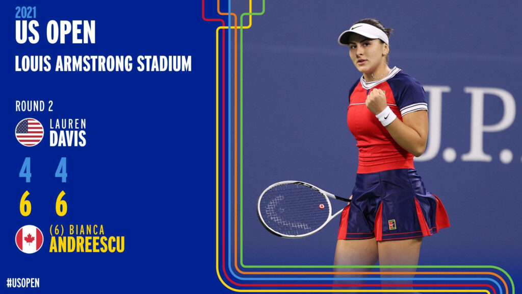 Bianca Andreescu US Open action vs Lauren Davis at Louis Armstrong Stadium wallpaper background