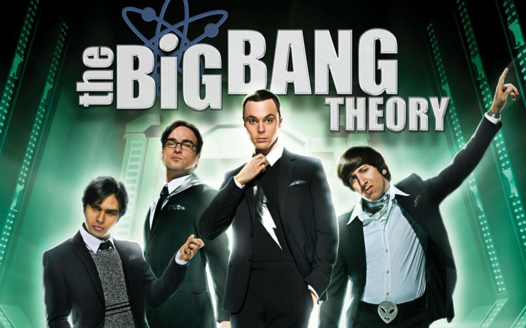 Big Bang Theory Cast in Stylish Suits - Iconic Logo Wallpaper