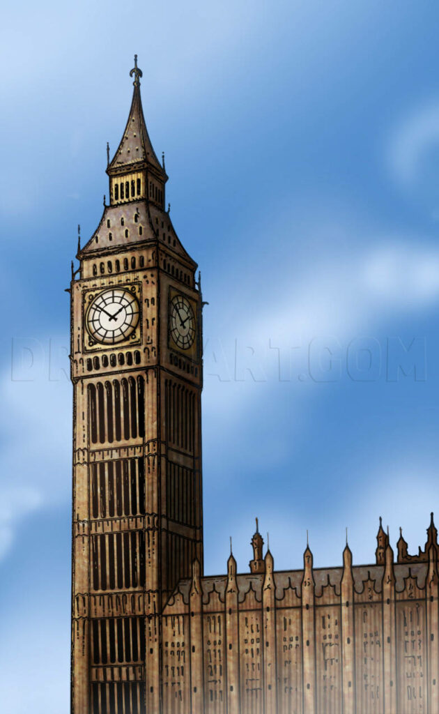 Cartoon illustration of Big Ben clock tower with detailed architecture and bright blue sky background Wallpaper