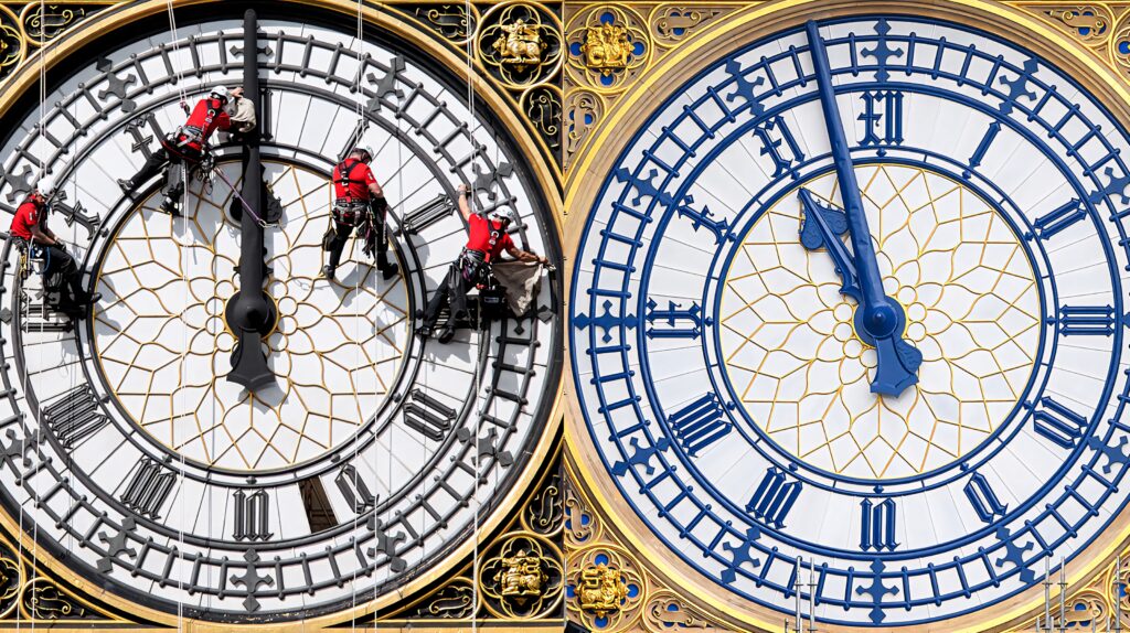 Close-up of Big Ben clock faces with workers cleaning one side and restored clock on other side Wallpaper